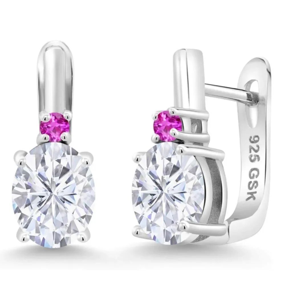 925 Sterling Silver with 4.30 Cttw White Moissanite and Pink Sapphire Earrings